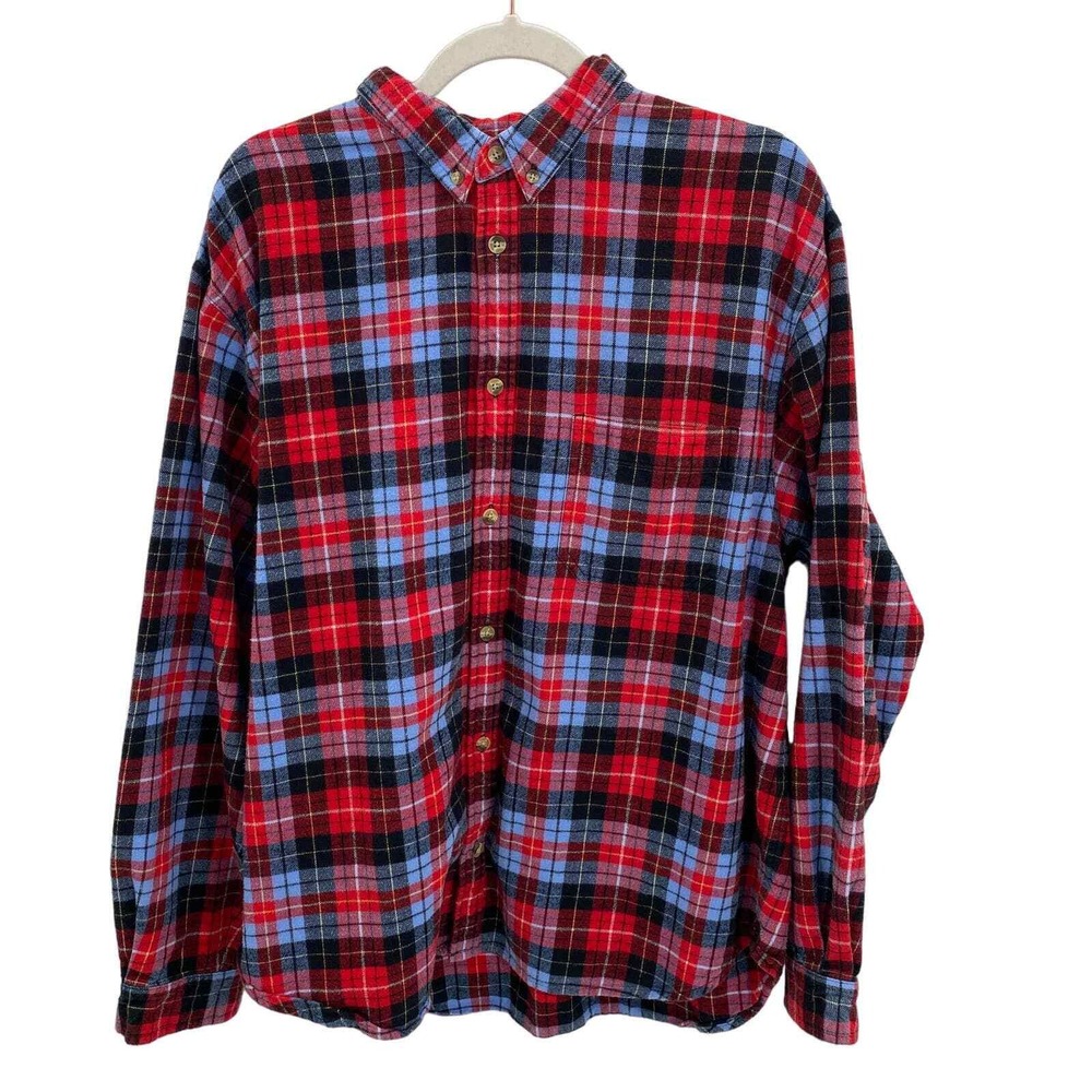 Hanna Andersson Button Front Flannel Shirt Mens Large Red Blue Plaid Cotton